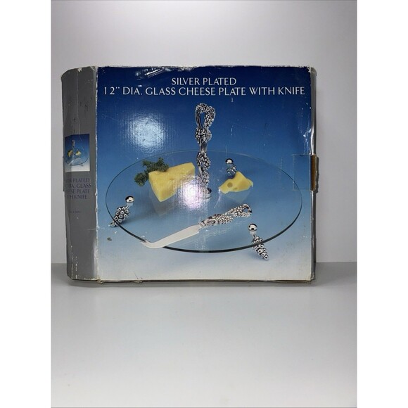 International Silver Other - Vintage Silver‑Plated Glass Cheese Plate with Grape‑Handle Knife (A3)